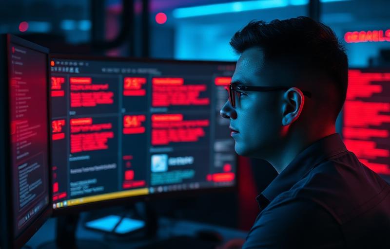 Desenvolvedor revisando código em telas com vulnerabilidades destacadas